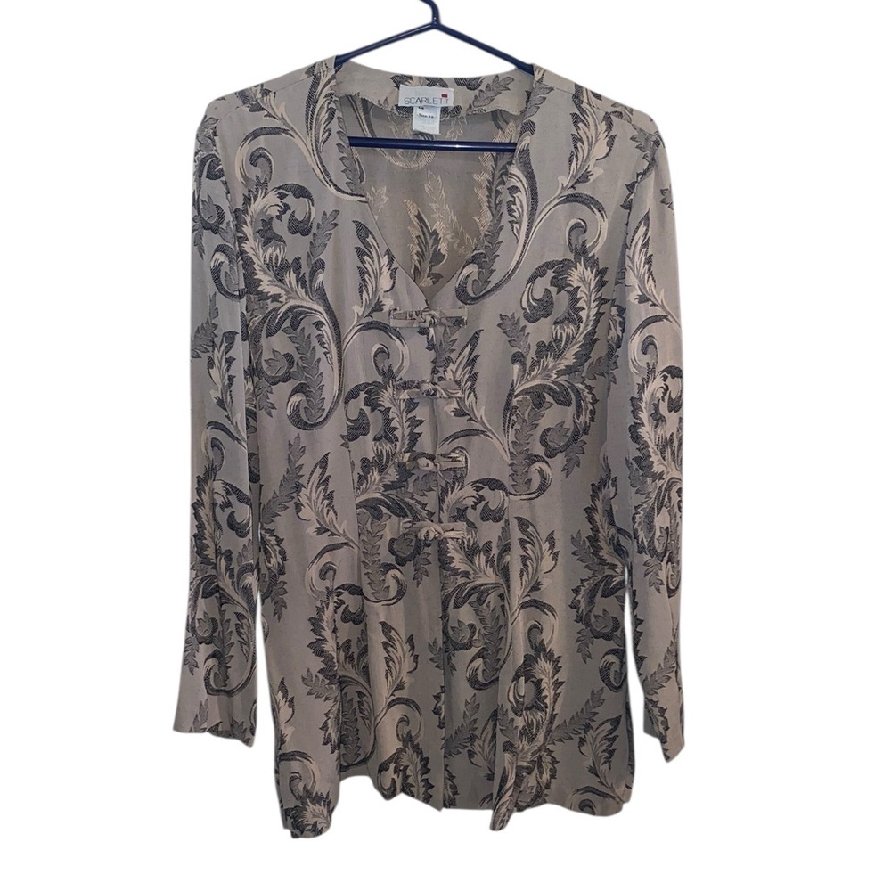 vintage 90s Scarlet tunic blouse beige black taupe damask Mandarin closure - Picture 5 of 13